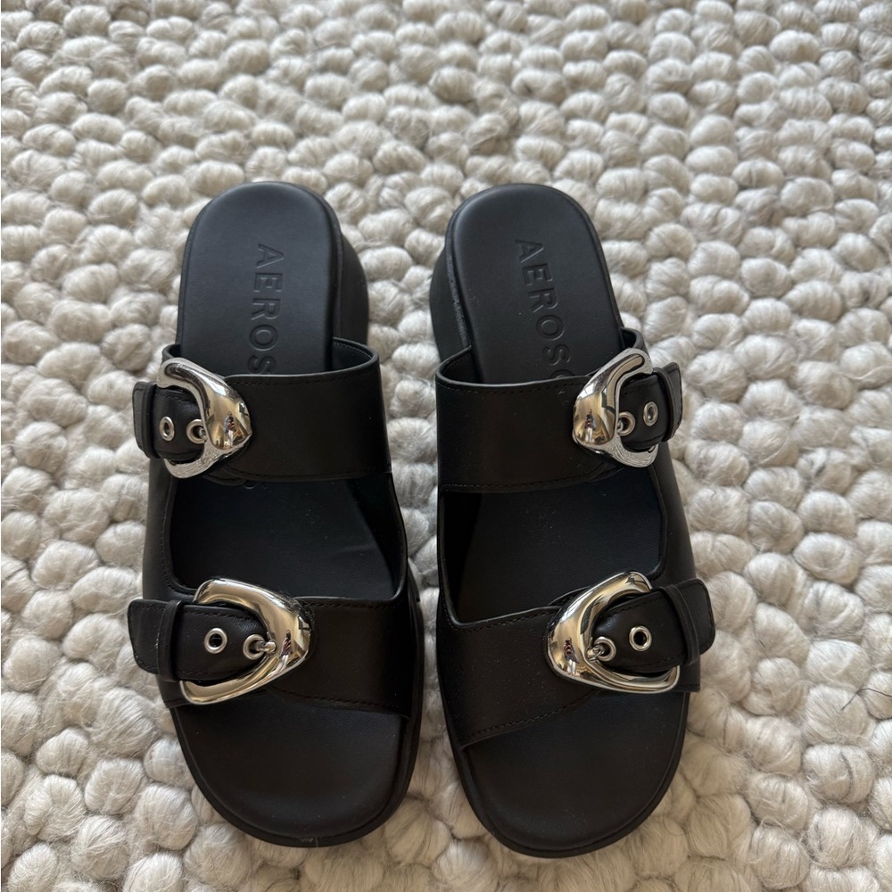 AEROSOLES Faith Black Slide Sandals with Silver Accents NWOT